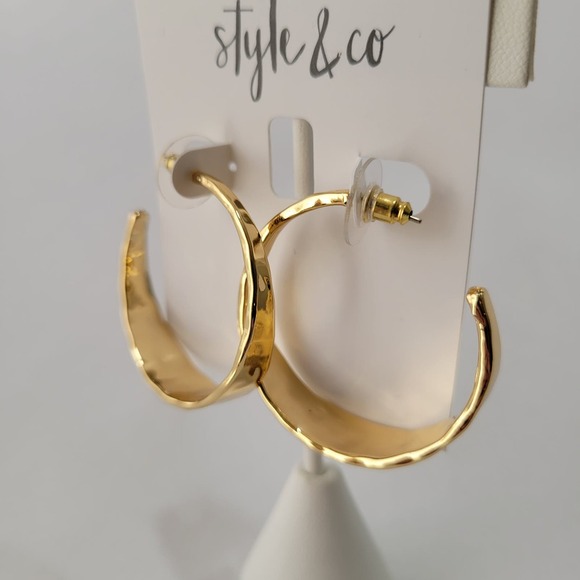 Style & Co Hammered Metal Medium Hoop Earrings 1-1/2" Gold Plated NEW - Picture 5 of 8
